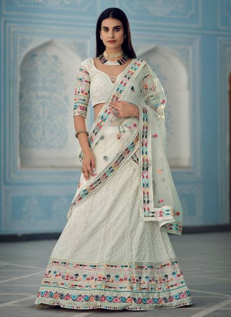 White Colour New Latest Wedding Wear Heavy Thread Foil Mirror Work Latest Lehenga Choli Collection 8804